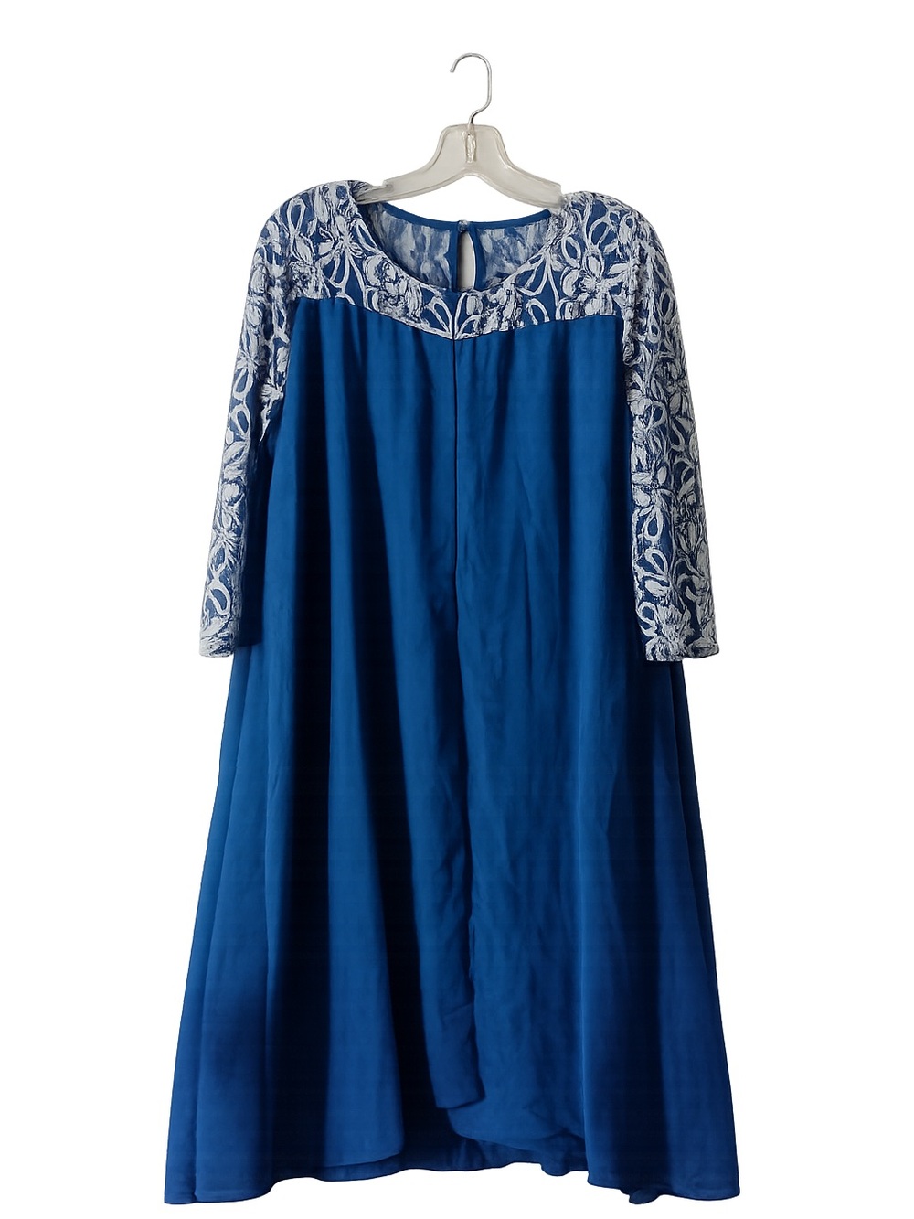Blue Midi Dress with White Lace Yoke and Sleeves